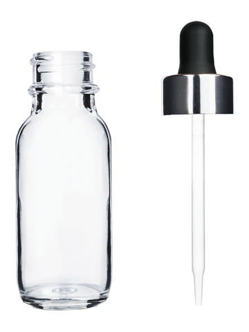 Boston round design 15ml, 1/2 oz  Clear glass bottle and black dropper with a shiny silver trim cap.