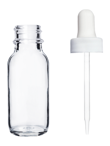Boston round design 15ml, 1/2 oz  Clear glass bottle with a white dropper.