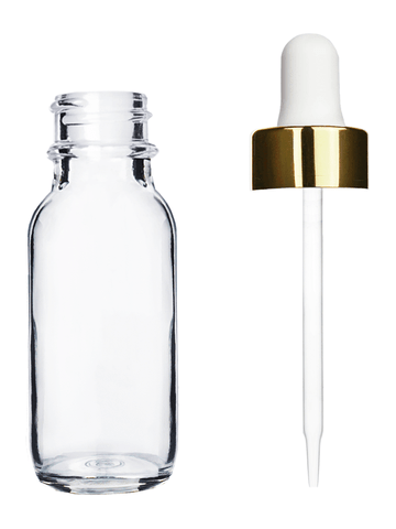 Boston round design 15ml, 1/2 oz  Clear glass bottle and white dropper and a shiny gold trim cap.