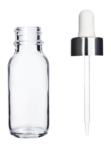 Boston round design 15ml, 1/2 oz  Clear glass bottle and white dropper and a shiny silver trim cap.