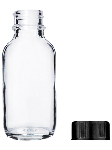Boston round design 30ml, 1oz Clear glass bottle with short black cap.