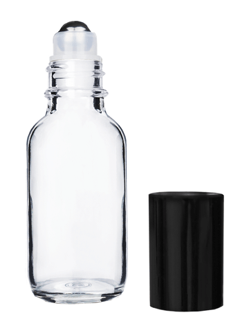 Boston round clear glass bottle with metal roll on and black cap, 1 oz capacity