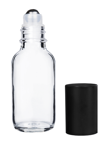 Boston round design 30ml, 1oz Clear glass bottle with metal roller plug and matte black cap.
