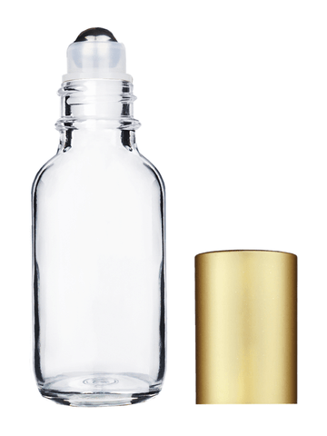 Boston round design 30ml, 1oz Clear glass bottle with metal roller plug and matte gold cap.