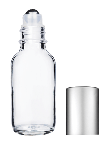 Boston round design 30ml, 1oz Clear glass bottle with metal roller plug and matte silver cap.