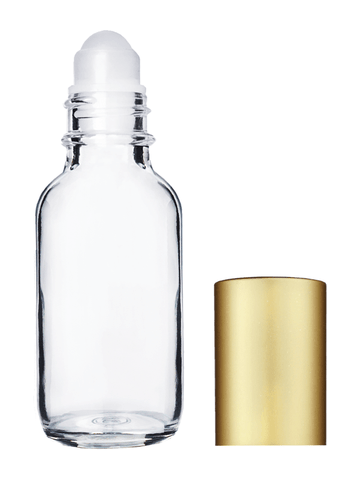 Boston round design 30ml, 1oz Clear glass bottle with plastic roller ball plug and matte gold cap.