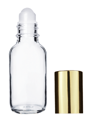 Boston round design 30ml, 1oz Clear glass bottle with plastic roller ball plug and shiny gold cap.