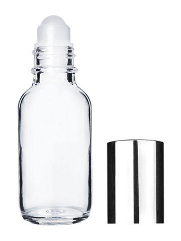 Boston round design 30ml, 1oz Clear glass bottle with plastic roller ball plug and shiny silver cap.