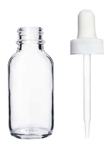 Boston round design 30ml, 1oz Clear glass bottle with white dropper.