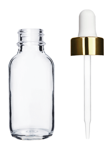 Boston round design 30ml, 1oz Clear glass bottle and white dropper with a shiny gold trim cap.