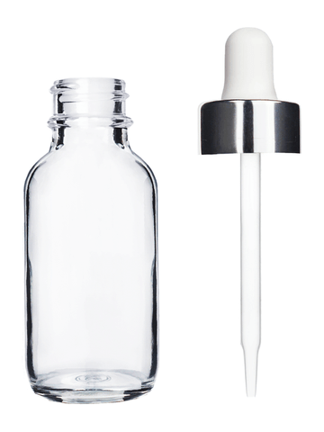 Boston round design 30ml, 1oz Clear glass bottle and white dropper with a shiny silver trim cap.