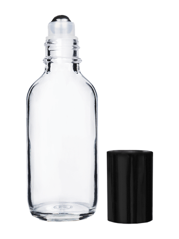 Boston round design 2 ounce clear glass bottle with metal roller ball plug and shiny black cap,