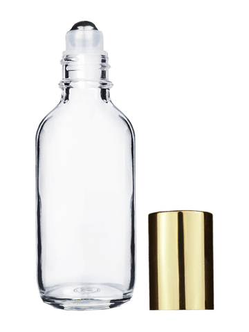 Boston round design 60ml, 2oz Clear glass bottle with metal roller ball plug and shiny gold cap.