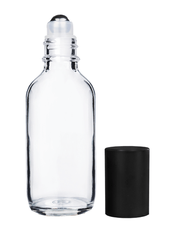 Boston round design 60ml, 2oz Clear glass bottle with metal roller ball plug and matte black cap.