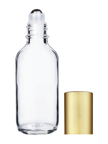 Boston round design 60ml, 2oz Clear glass bottle with metal roller ball plug and matte gold cap.