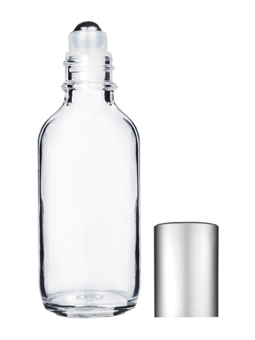 Boston round design 60ml, 2oz Clear glass bottle with metal roller ball plug and matte silver cap.
