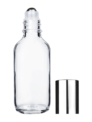 Boston round design 60ml, 2oz Clear glass bottle with metal roller ball plug and shiny silver cap.