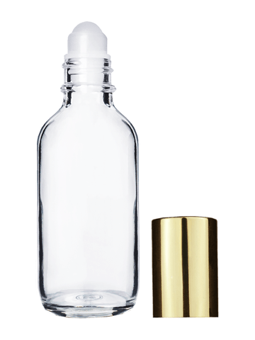 Boston round design 60ml, 2oz Clear glass bottle with plastic roller ball plug and shiny gold cap.