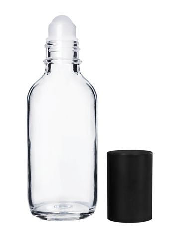 Boston round design 60ml, 2oz Clear glass bottle with plastic roller ball plug and matte black cap.