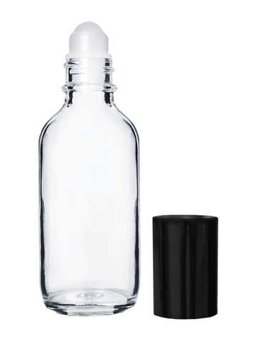 Boston round design 60ml, 2oz Clear glass bottle with plastic roller ball plug and shiny black cap.