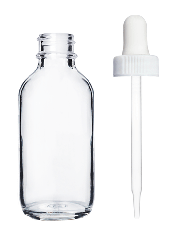 Boston round design 60ml, 2oz Clear glass bottle with white dropper.