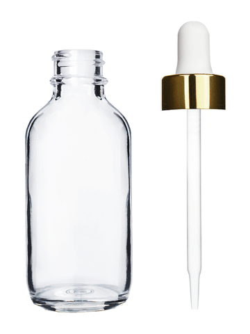 Boston round design 60ml, 2oz Clear glass bottle and white dropper with a shiny gold trim cap.