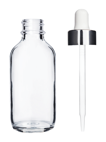 Boston round design 2 ounce clear glass bottle and white dropper with a shiny silver trim cap,