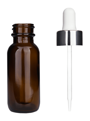 Boston round design 15ml, 1/2 oz  Amber glass bottle and white dropper with a shiny silver trim cap.