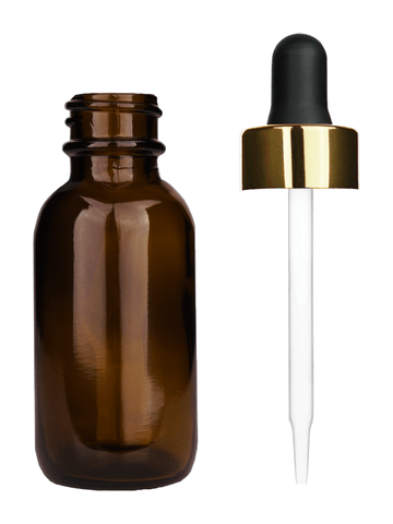 Boston round design 30ml, 1oz Amber glass bottle and black dropper with a shiny gold trim cap.