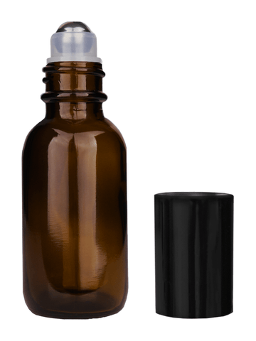Boston round design 30ml, 1oz Amber glass bottle with metal roller plug and shiny black cap.