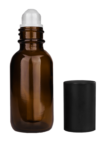 Boston round design 30ml, 1oz Amber glass bottle with plastic roller ball plug and matte black cap.