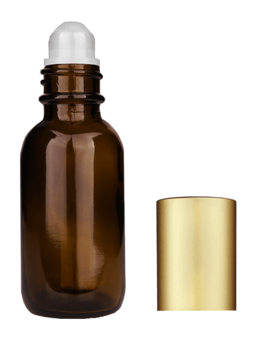 Boston round design 30ml, 1oz Amber glass bottle with plastic roller ball plug and matte gold cap.