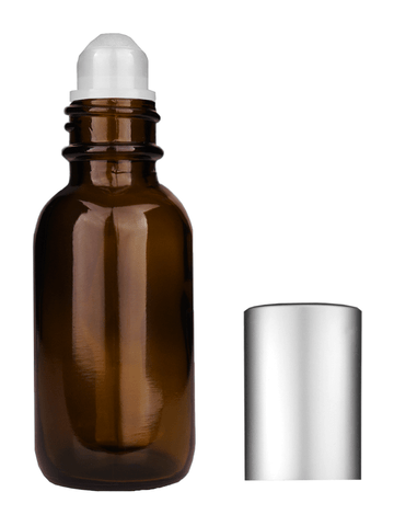 Boston round design 30ml, 1oz Amber glass bottle with plastic roller ball plug and matte silver cap.
