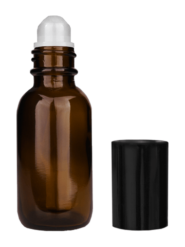 Cylinder design 30ml,1 oz Amber glass bottle with plastic roller ball plug and shiny black cap.