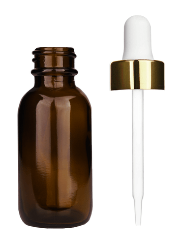 Boston round design 30ml, 1oz Amber glass bottle and white dropper with a shiny gold trim cap.