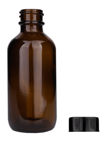 Boston round design 60ml, 2oz Amber glass bottle with short ridged black cap.