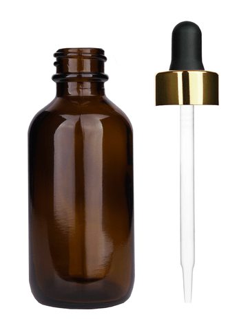 Boston round design 60ml, 2oz Amber glass bottle and black dropper with a shiny gold trim cap.