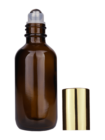Boston round design 60ml, 2oz Amber glass bottle with metal roller ball plug and shiny gold cap.