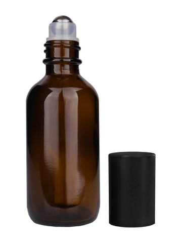 Boston round design 60ml, 2oz Amber glass bottle with metal roller ball plug and matte black cap.