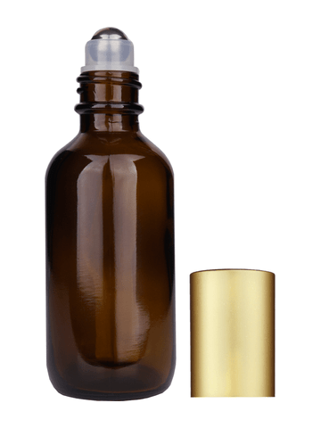 Boston round design 60ml, 2oz Amber glass bottle with metal roller ball plug and matte gold cap.