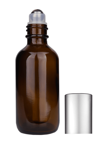 Boston round design 60ml, 2oz Amber glass bottle with metal roller ball plug and matte silver cap.