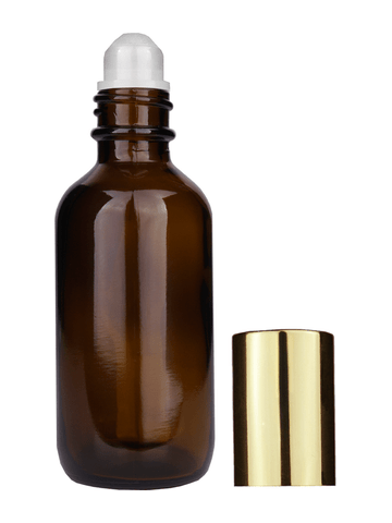Boston round design 60ml, 2oz Amber glass bottle with plastic roller ball plug and shiny gold cap.