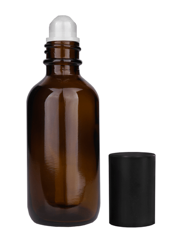 Boston round design 60ml, 2oz Amber glass bottle with plastic roller ball plug and matte black cap.