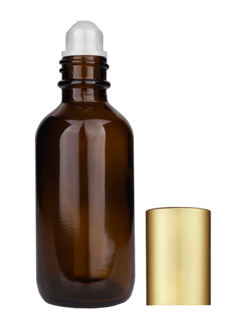 Boston round design 60ml, 2oz Amber glass bottle with plastic roller ball plug and matte gold cap.