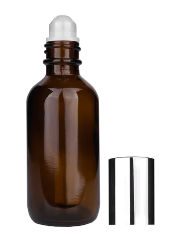 Boston round design 60ml, 2oz Amber glass bottle with plastic roller ball plug and shiny silver cap.