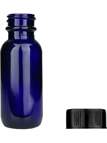 Boston round design 15ml, 1/2 oz  Cobalt blue glass bottle with short ridged black cap.