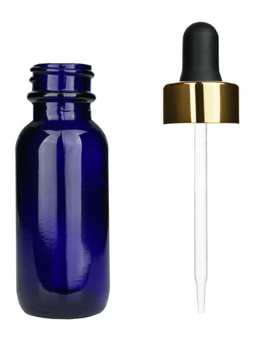 Boston round design 15ml, 1/2 oz  Cobalt blue glass bottle with black dropper shiny gold trim cap.