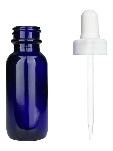 Boston round design 15ml, 1/2 oz  Cobalt blue glass bottle with a white dropper.