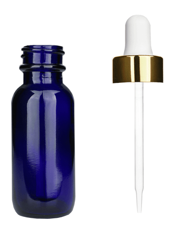 Boston round design 15ml, 1/2 oz  Cobalt blue glass bottle and white dropper and a shiny gold trim cap.