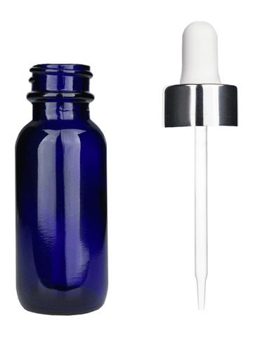 Boston round design 15ml, 1/2 oz  Cobalt blue glass bottle and white dropper and a shiny silver trim cap.